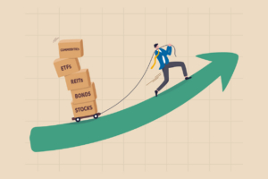 Investment assets or financial products for diversify portfolio, wealth management and asset allocation concept, smart investor pulling boxes with label stocks, ETFs, bonds, REITs and commodities. stock illustration