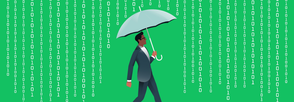 Man covering from binary code rain with umbrella stock illustration