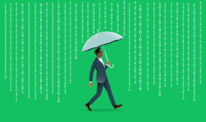 Man covering from binary code rain with umbrella stock illustration