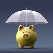 Umbrella is protecting a piggy bank on blue background.