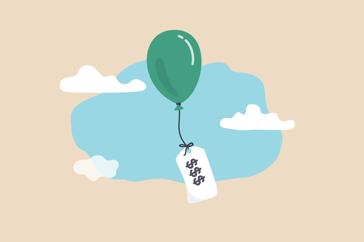 Inflation causing price rising up, overvalued stock or funds, consumer purchasing power reducing concept, air balloon tied with product price tag flying high rising up in the sky.